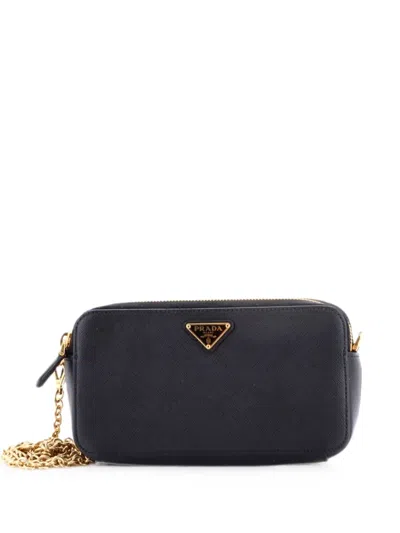 Pre-owned Prada Double Zip Wallet On Chain Crossbody Saffiano Leather Mini Clutch Bag In Black