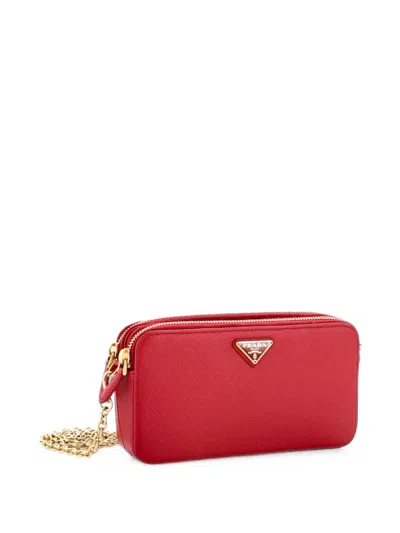 Pre-owned Prada Double Zip Wallet On Chain Crossbody Saffiano Leather Mini Clutch Bag In Red