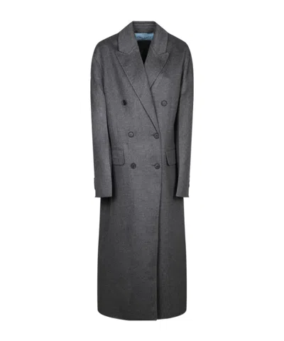 Prada Double-breasted Long Coat In Gray