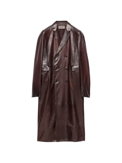 Prada Double-breasted Nappa Leather Coat In Brown