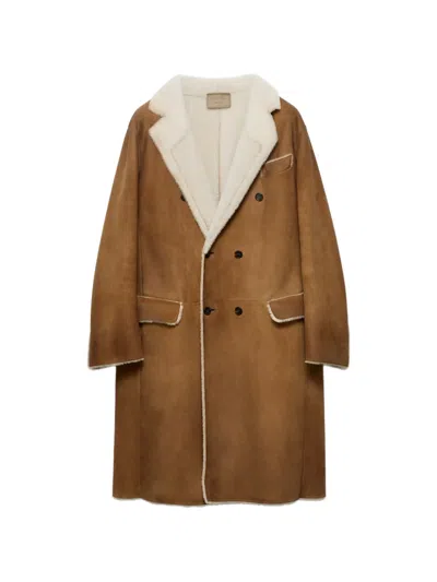 Prada Double-breasted Shearling Coat In Brown