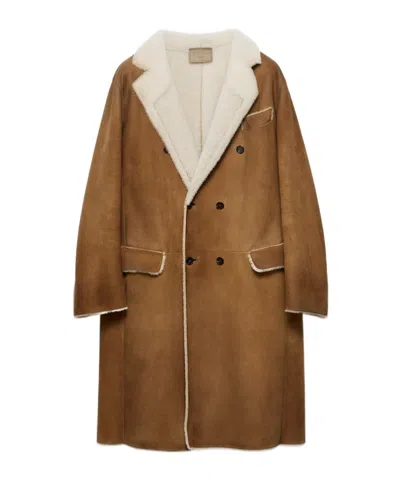 Prada Double-breasted Shearling Coat In Brown