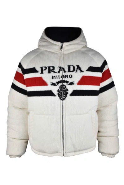 Prada Logo Hooded Down Jacket In White