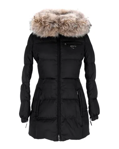 Prada Down Jacket With Fur Hood In Black Nylon
