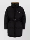 Prada Down Jacket With High Collar And Belt In Black