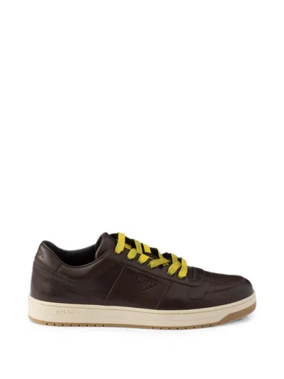 Prada Downtown Aged Leather Sneakers In Brown