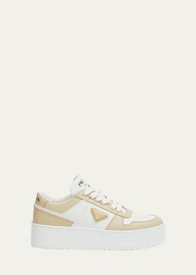 Prada Downtown Bicolor Leather Low-top Sneakers In Bianco Deserto