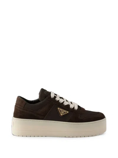 Prada Downtown Bold Re-nylon And Suede Sneakers In Brown
