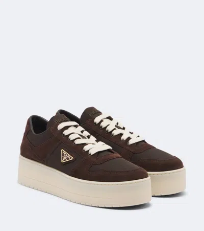 Prada Downtown Bold Suede-trimmed Platform Sneakers In Brown