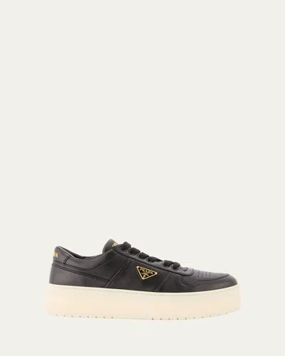 Prada Downtown Leather Low-top Platform Sneakers In Black