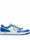 Prada Downtown Leather Sneakers In White,cobalt Blue
