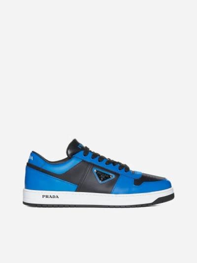 Prada Downtown Leather Sneakers In Nero Cobalto