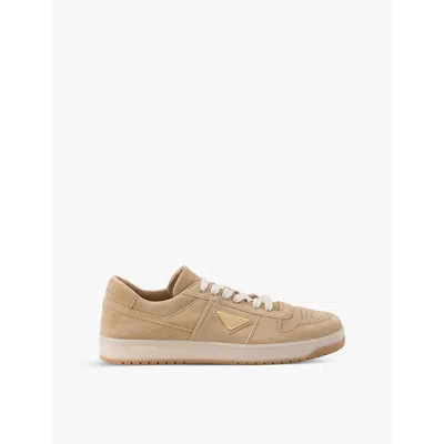 Prada Mens Neutral Downtown Logo-plaque Suede Low-top Trainers Eur 42 / 8 Uk In Beige