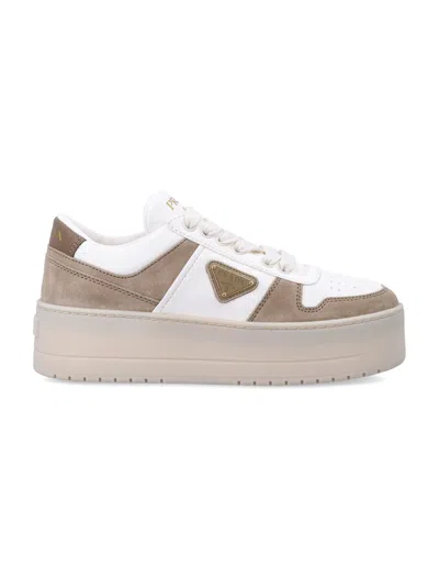 Prada Downtown Nappa Leather Flatform Sneaker With Enameled Triangle Logo In White