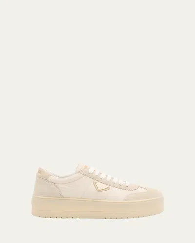 Prada Downtown Nylon Suede Low-top Sneakers In Avorio