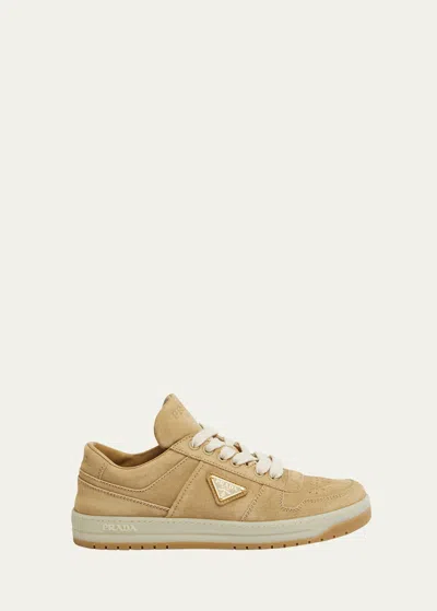 Prada Downtown Suede Low-top Sneakers In Ecru