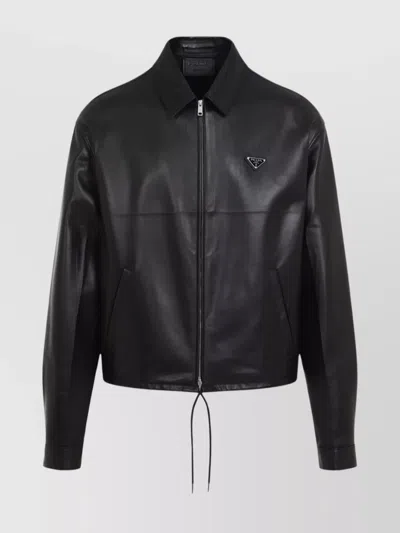 Prada Drawstring Hem Leather Jacket In Black