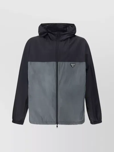 Prada Drawstring Hooded Colour-block Jacket Pockets In Grey