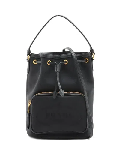 Pre-owned Prada Drawstring Leather Bucket Bag In Black