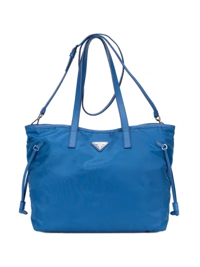 Pre-owned Prada Drawstring Leather Tote Bag In Blue