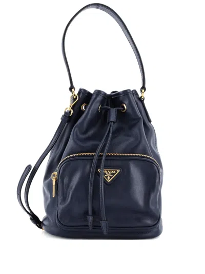 Pre-owned Prada Drawstring Pocket Soft Calf Small Bucket Bag In Blue