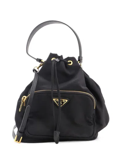 Pre-owned Prada Drawstring Tessuto Small Bucket Bag In Black