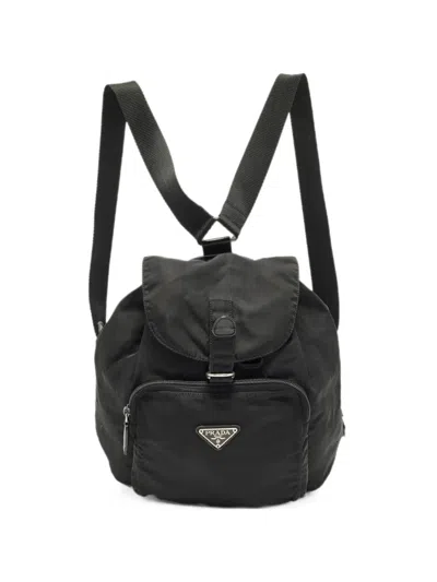 Pre-owned Prada Drawstring Triangle Logo Backpack In Black