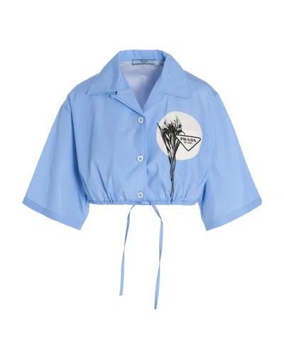 Prada Drawstring-waist Cropped Shirt In Blue