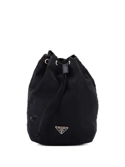 Pre-owned Prada Drawstring Wristlet Tessuto Small Bucket Bag In Black