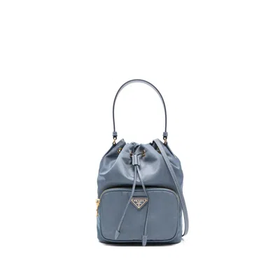 Prada Drawstring Zip Bucket Bag In Blue