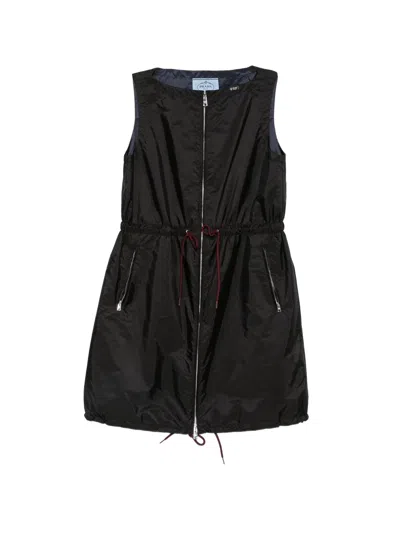 Prada Sleeveless Dress Drawstring Waist Side Pockets In Black
