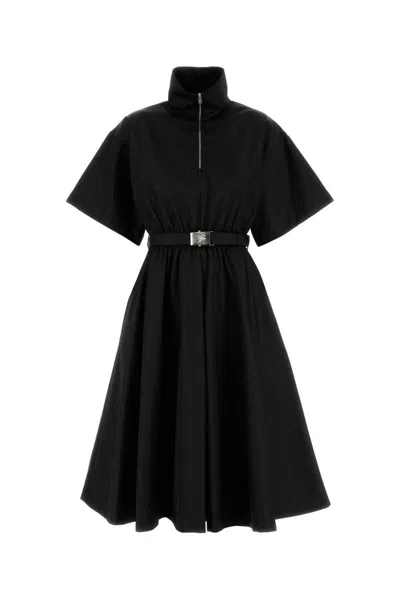 Prada Nylon Dress With Belted Waist And Flared Skirt In Blue