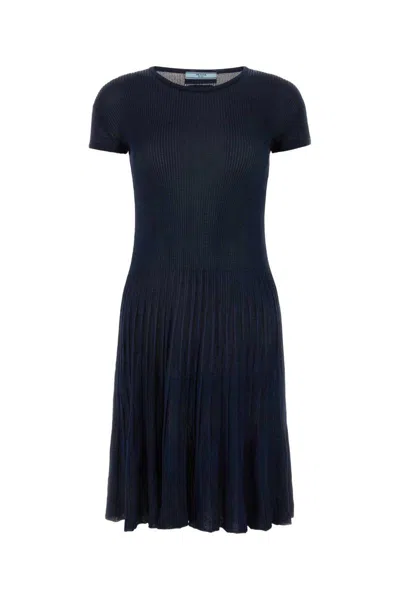 Prada Short-sleeve Silk Knitted Dress In Blue