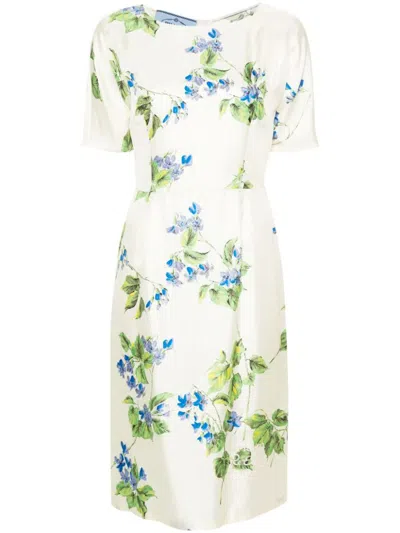 Prada Floral-print Twill Dress In White