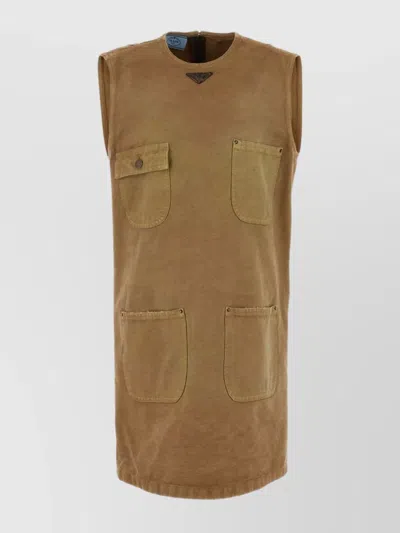 Prada Dress Mini Front Pockets Sleeveless V-neck In Beige