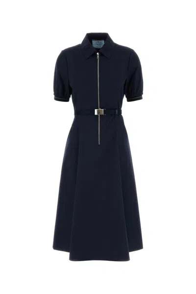 Prada Belted Midi Polo Dress With Half Zip Clothing In Blue