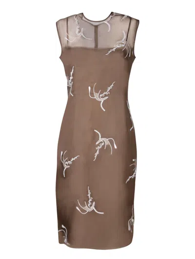 Prada Allover Embroidered Sleeveless Midi Dress In Mimetico