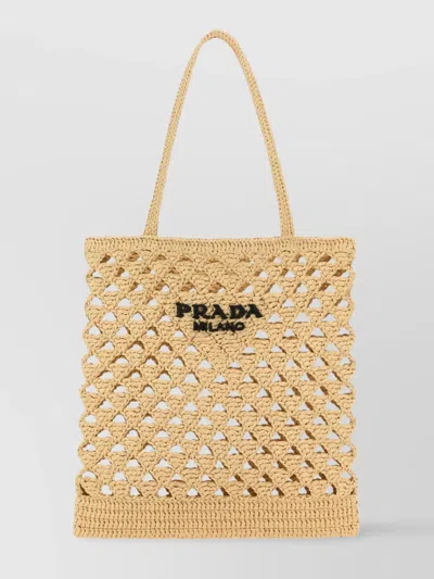 Prada Crochet Logo Shopping Bag Tote Bag Beige In Neutral