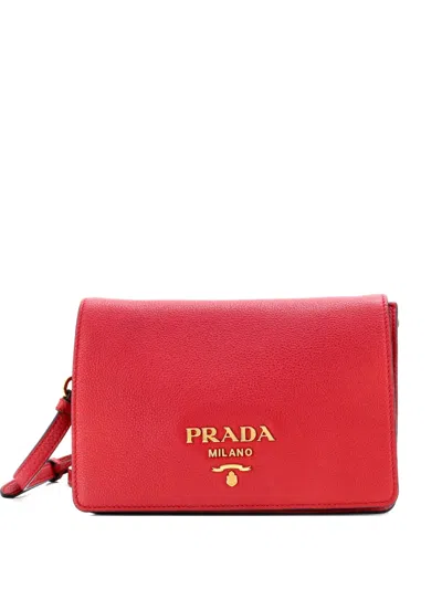Pre-owned Prada Dual Strap Flap Vitello Daino Small Crossbody Bag In Red