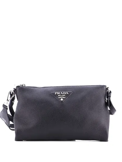 Pre-owned Prada Dual Strap Flat Vitello Daino Medium Crossbody Bag In Black