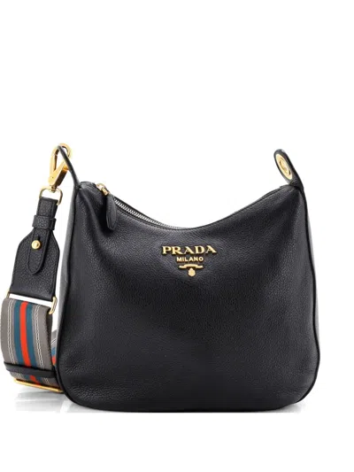 Pre-owned Prada Dual Strap Messenger Vitello Daino Crossbody Bag In Black