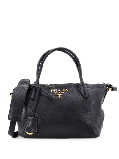 Pre-owned Prada Dual Strap Zip Tote Vitello Daino Small Shoulder Bag In Black