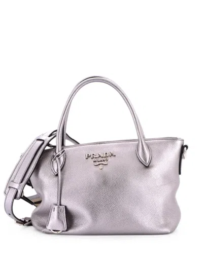 Pre-owned Prada Dual Strap Zip Tote Vitello Daino Small Shoulder Bag In Silver