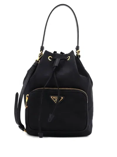 Pre-owned Prada Duet Drawstring Tessuto Small Bucket Bag In Black