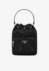 Prada Duet Re-nylon Logo Bucket Bag In Black