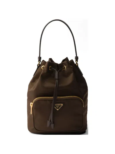 Prada Duet Re-nylon Bucket Bag In Brown