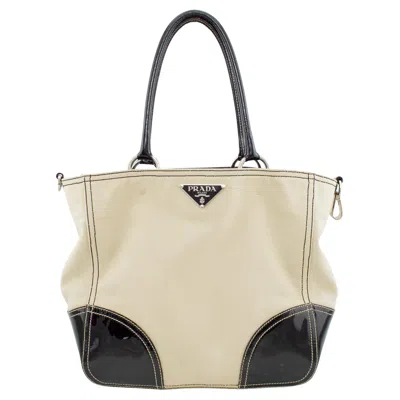 Pre-owned Prada Early 2000s  Beige Canvas Tote With Black Patent Leather