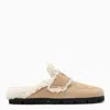 Prada Triangle Logo Shearling Flat Mules In Cream