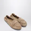 Prada Ecru Suede Moccasin With Logo Triangle Women In Cream