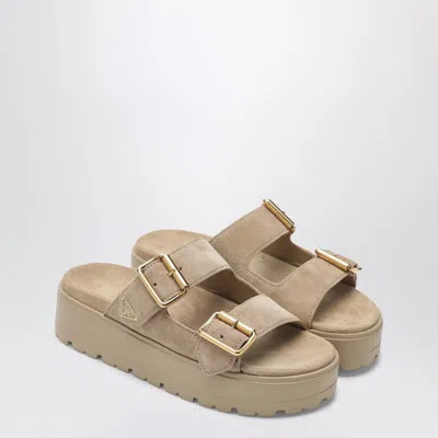 Prada Triangle Logo Slip On Sandals In Neutral
